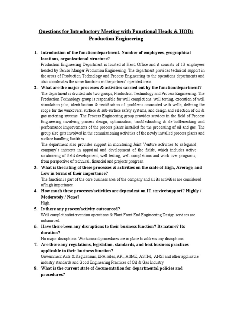 Intro Meeting Questions for Production Engineering | PDF | Business