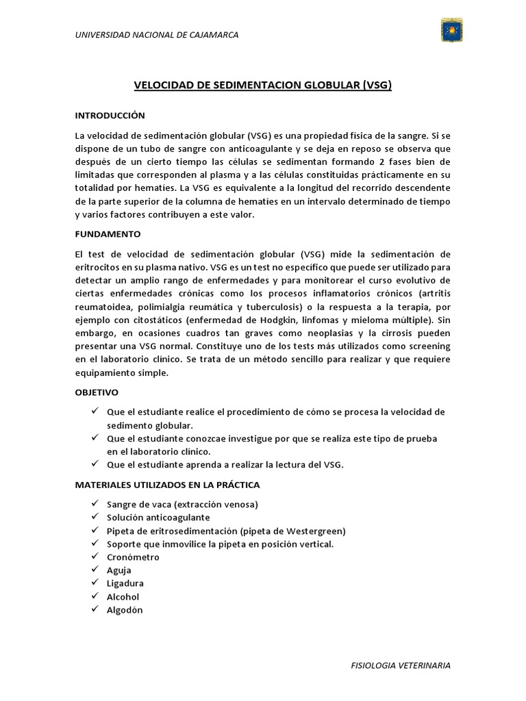 Velosidad de Sedimentasion Globular | PDF | Sangre | Especialidades Medicas