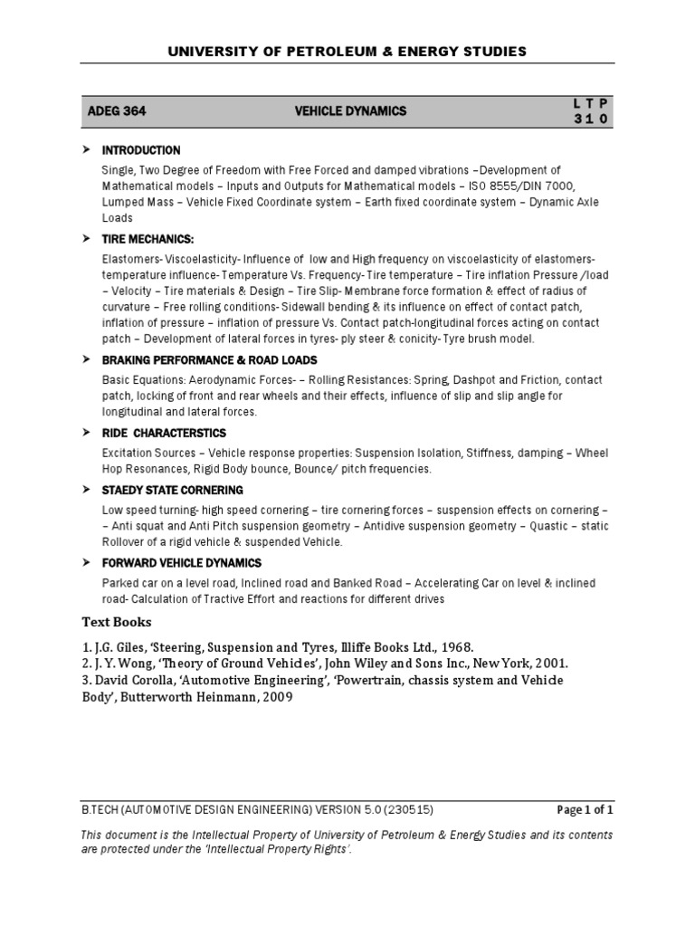 Vehicle Dynamics Course Syllabus | PDF | Suspension (Vehicle) | Tire