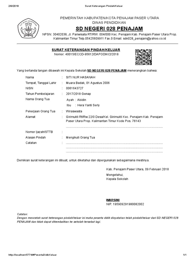 Contoh Surat Mutasi/Pindah Peserta Didik (Dapodik)