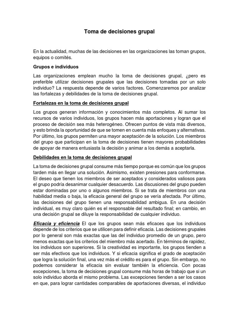 Fortalezas y debilidades en decisiones grupales | PDF | Toma de ...