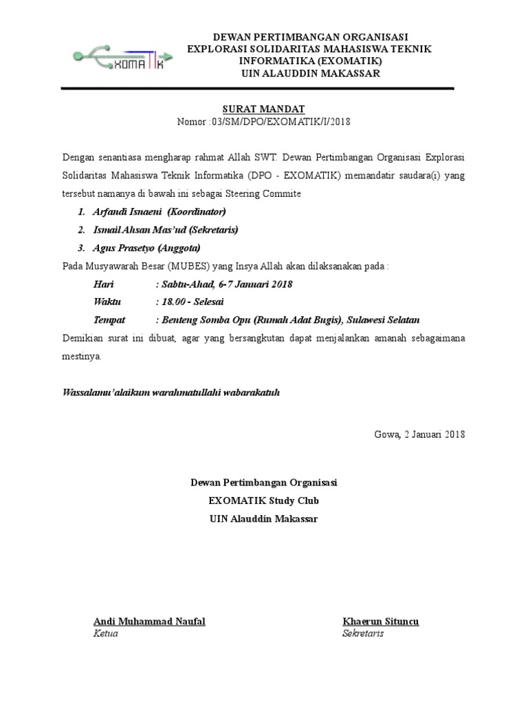Surat Mandat Steering Mubes