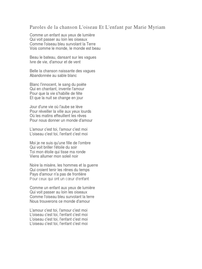 Comme Un Enfànt Au Yeux De Lumiere Paroles Chanson | PDF