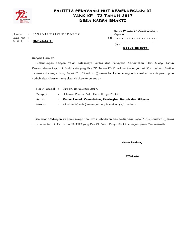 Contoh Undangan Malam Tirakatan Hut Ri Contoh Isi Undangan - Gambaran