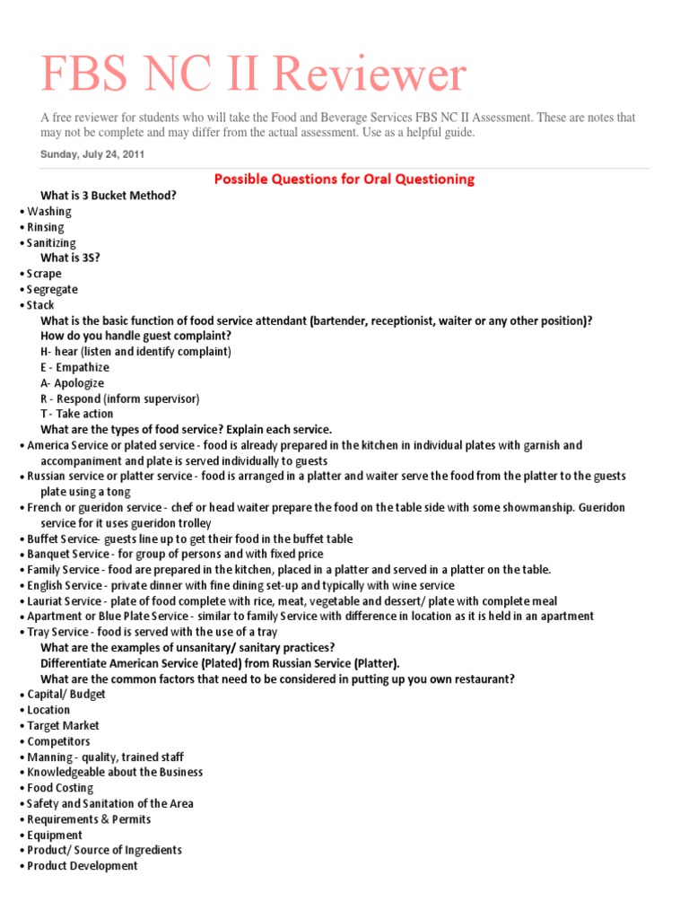 Food and Beverage NC II Reviewer PDF Tableware Spoon