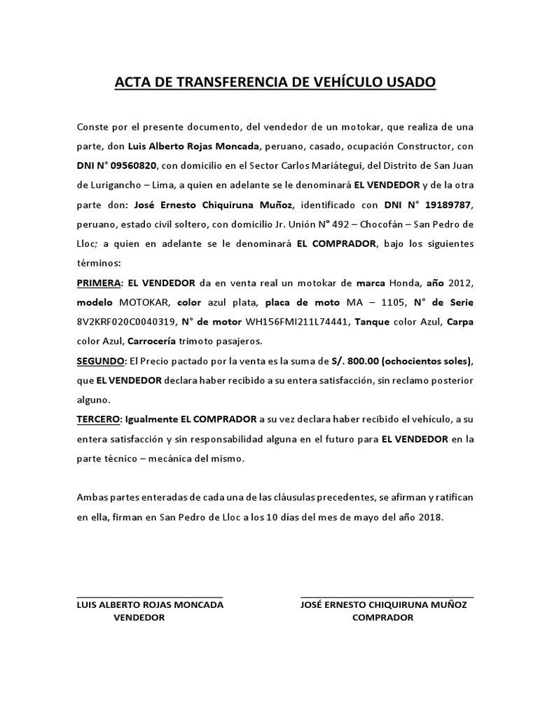 Acta de Transferencia de Vehículo Usado