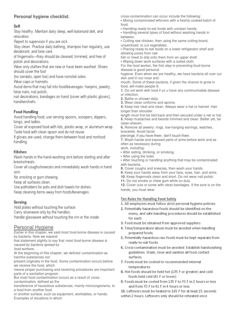 Personal Hygiene Checklist - Food Safety | Download Free PDF | Hygiene ...