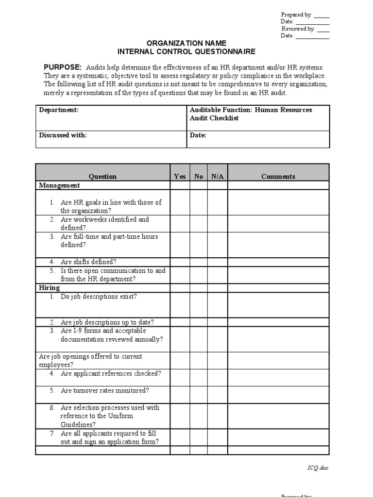 HR Audit Questionnaire Template | PDF | Family And Medical Leave Act Of ...