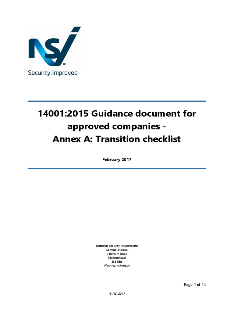 ESF 106 ISO 14001 2015 Guidance Document ANNEX A Transition Checklist ...