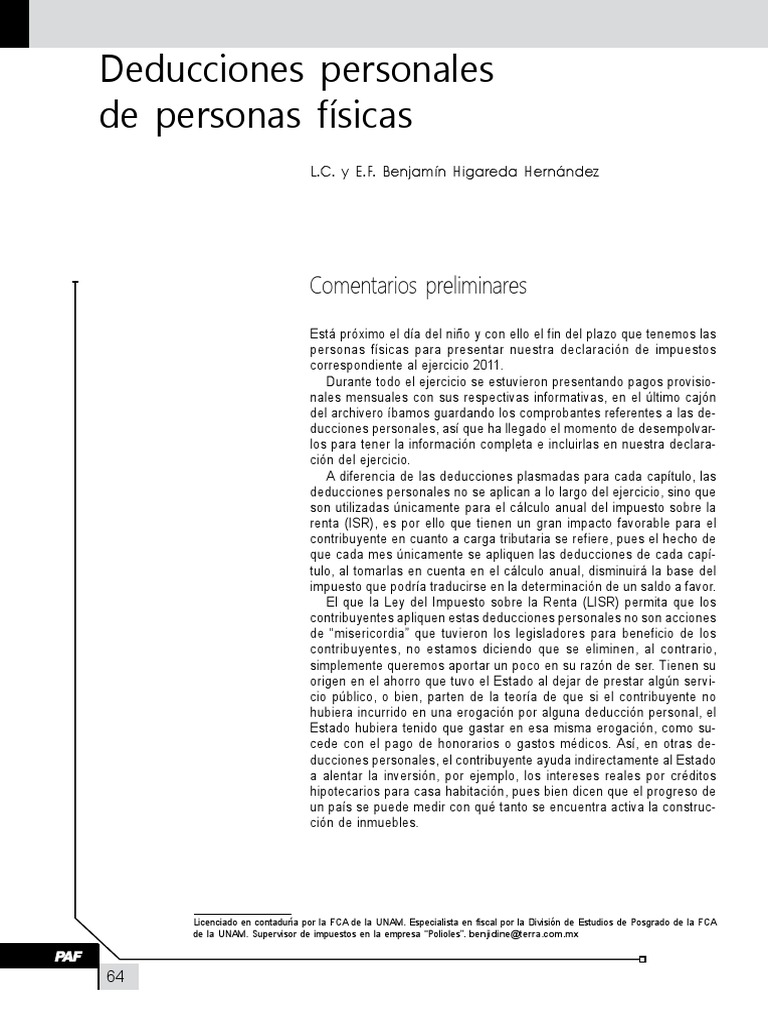 Deducciones Personales en ISR 2011 | PDF | Impuestos | Interés