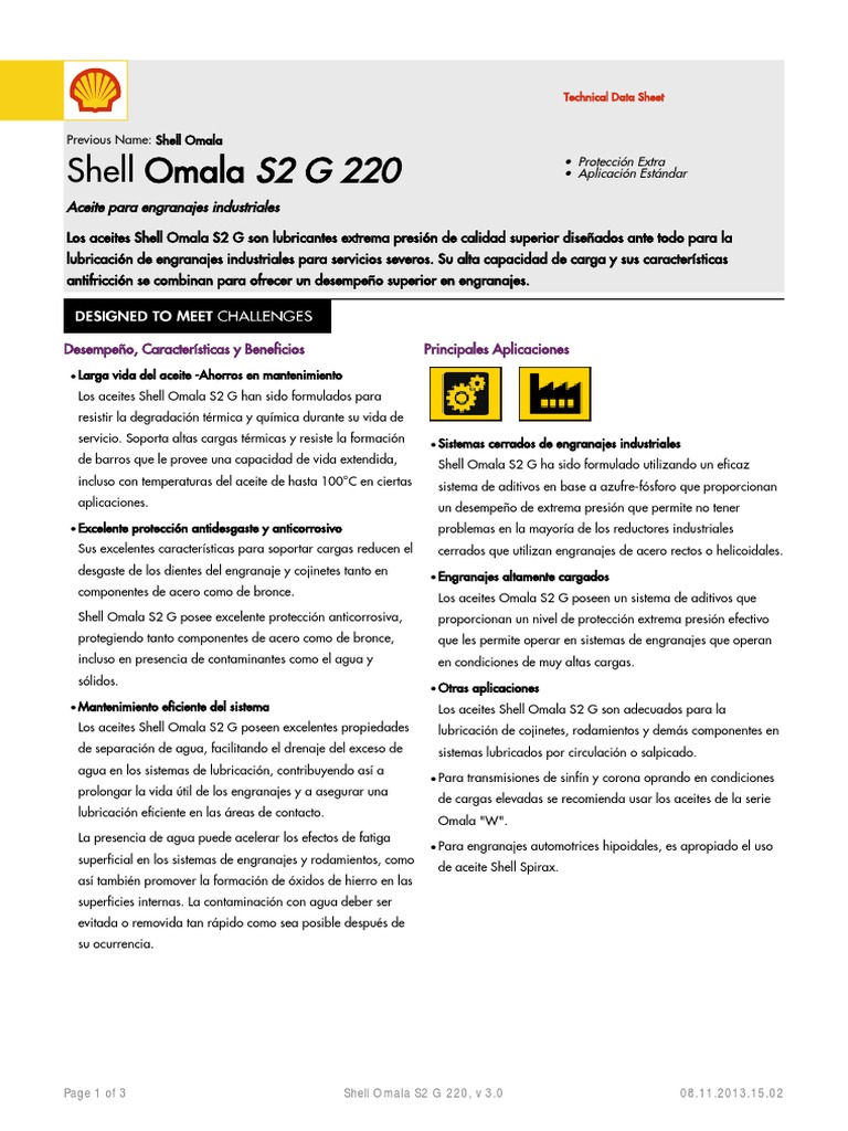Ficha Técnica Aceite Shell Omala S2 G 220 | PDF | Engranaje | Lubricante