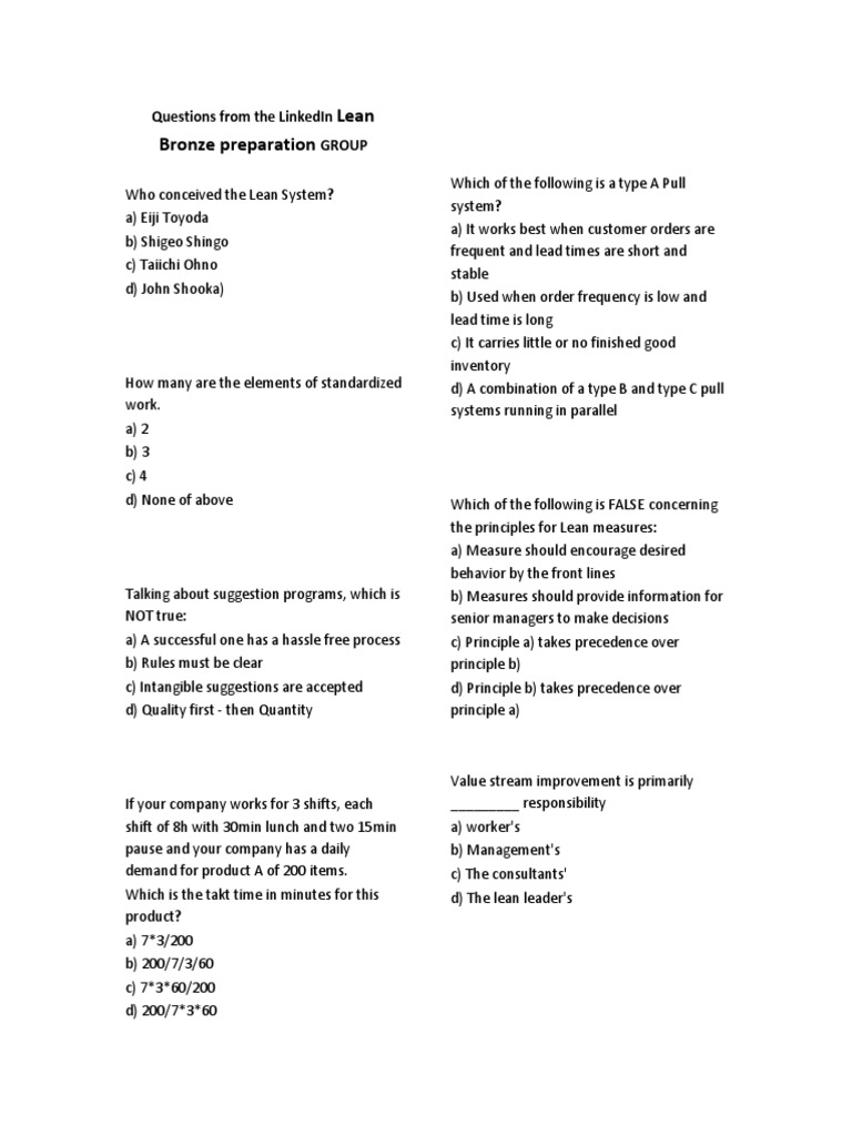 Lean Bronze Exam Questions and Answers | PDF | Lean Manufacturing ...