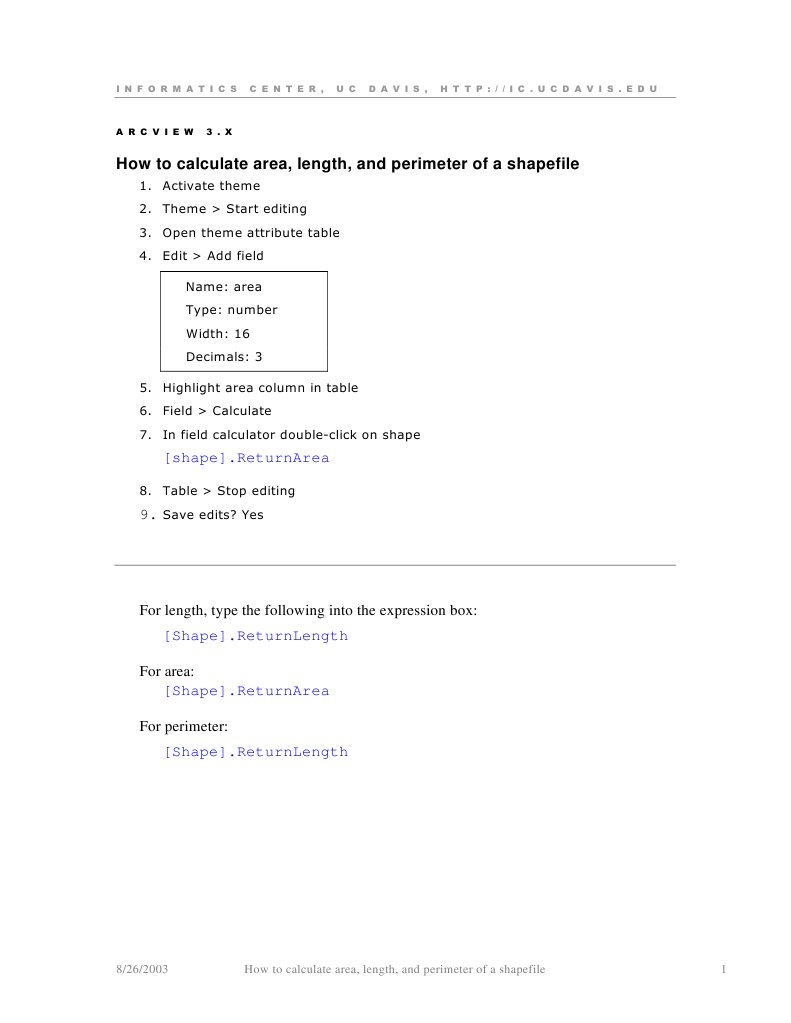 Calculate Area and Length in ArcView | PDF