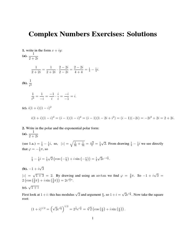 Complex Numbers Exercises and Solutions | PDF | Complex Number ...