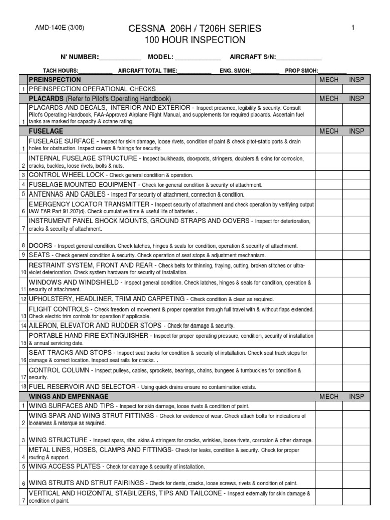 Cessna 206 100 Hour Inspection Checklist Turbocharger Electrical