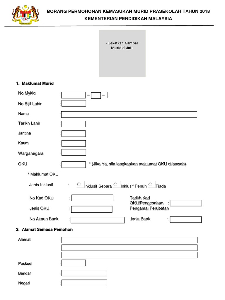 Borang Permohonan Ke Prasekolah Tahun 2018 Pdf