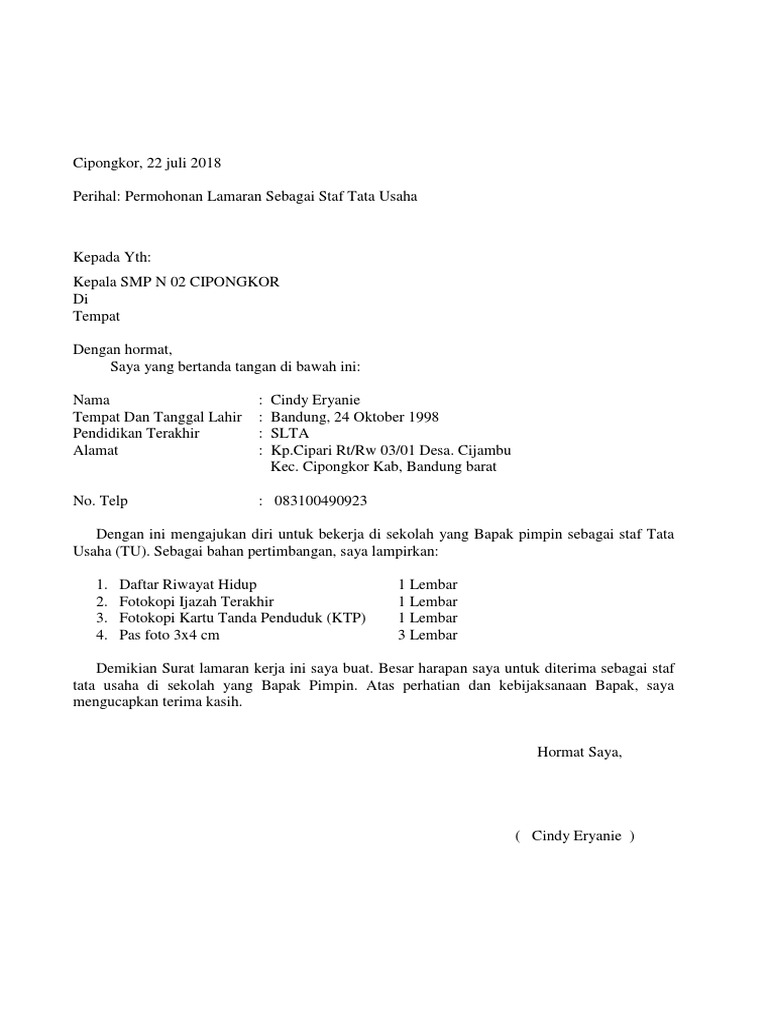 Surat Lamaran Kerja Sebagai Staff Tata Usaha