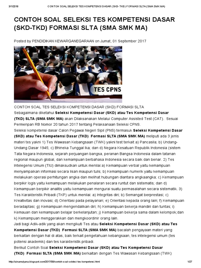 Contoh Soal Seleksi Tes Kompetensi Dasar (Skd-tkd) Formasi ...