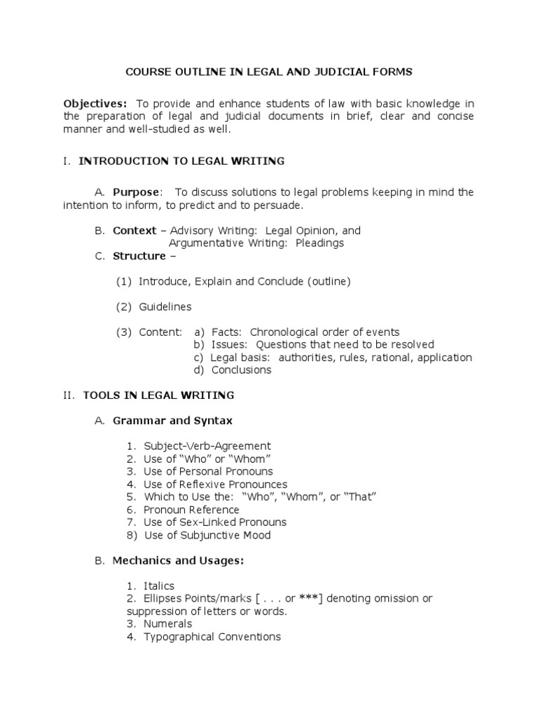 Course Outline In Legal And Judicial Forms Objectives To provide and