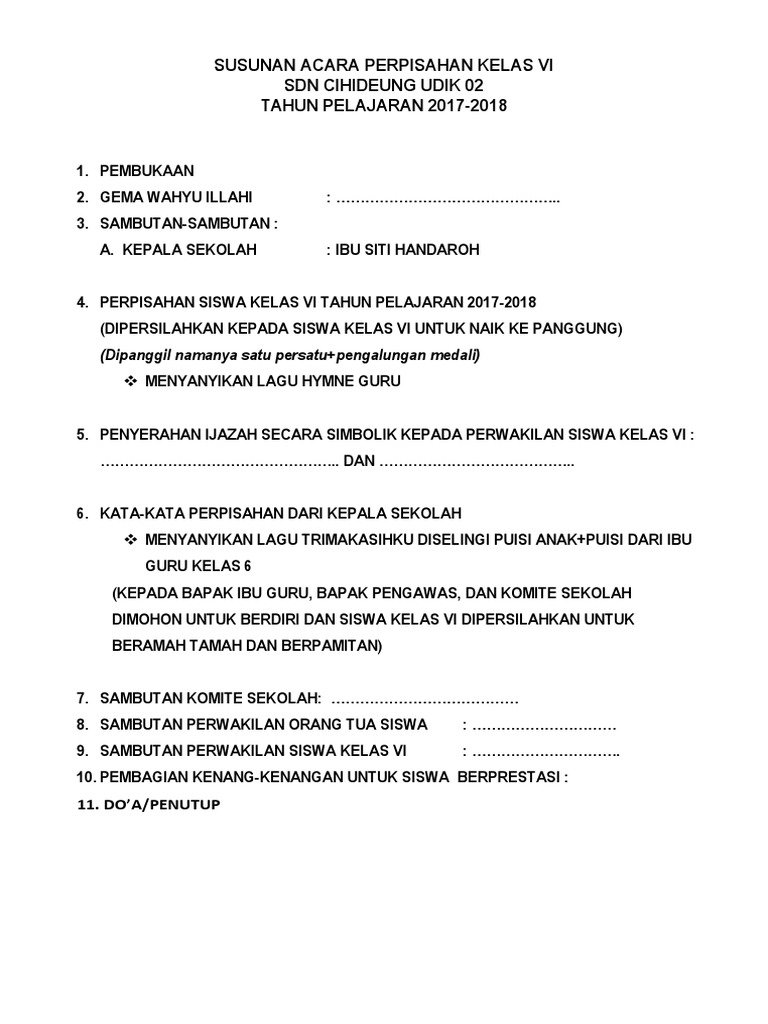 Susunan Acara Perpisahan 2018