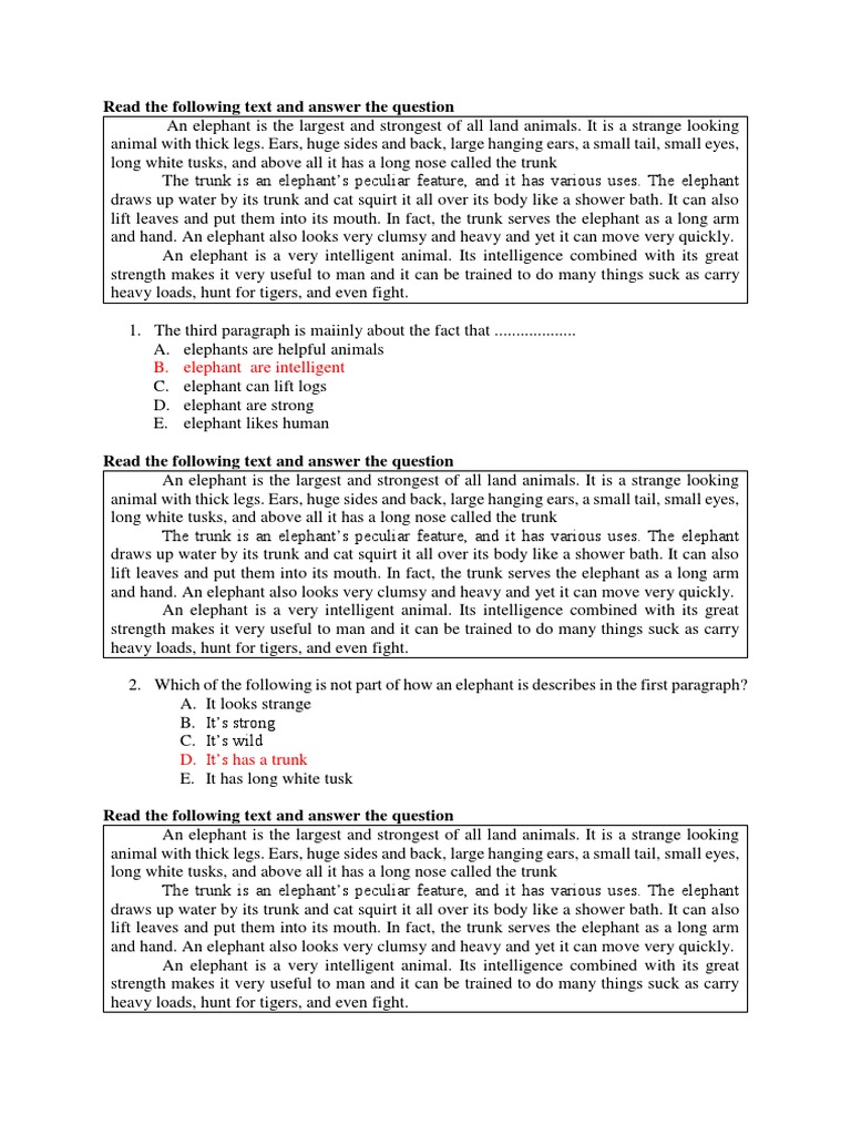 Read The Following Text and Answer The Question: B. Elephant Are ...