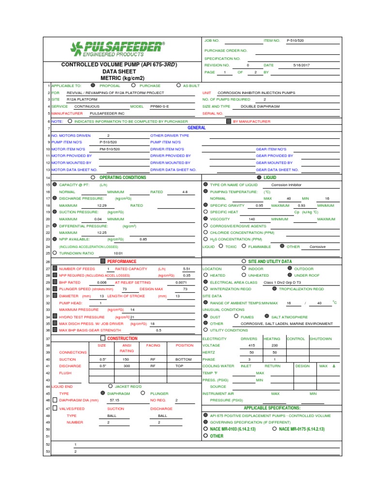 API 675 Pump Datasheet PDF Pump Valve