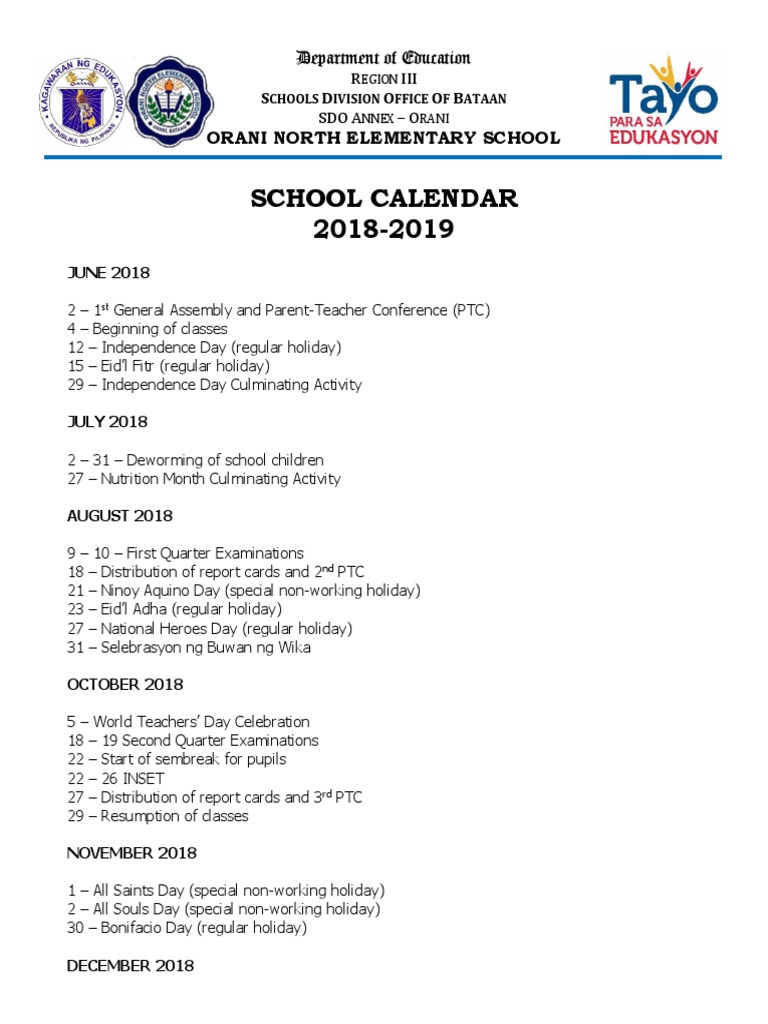 School Calendar 2018 2019: Orani North Elementary School PDF
