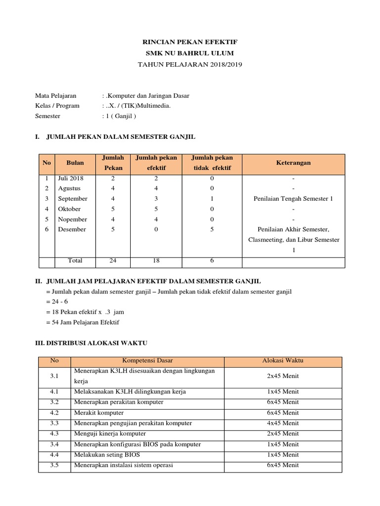 Rincian Pekan Efektif SMK NU 2018/2019 | PDF