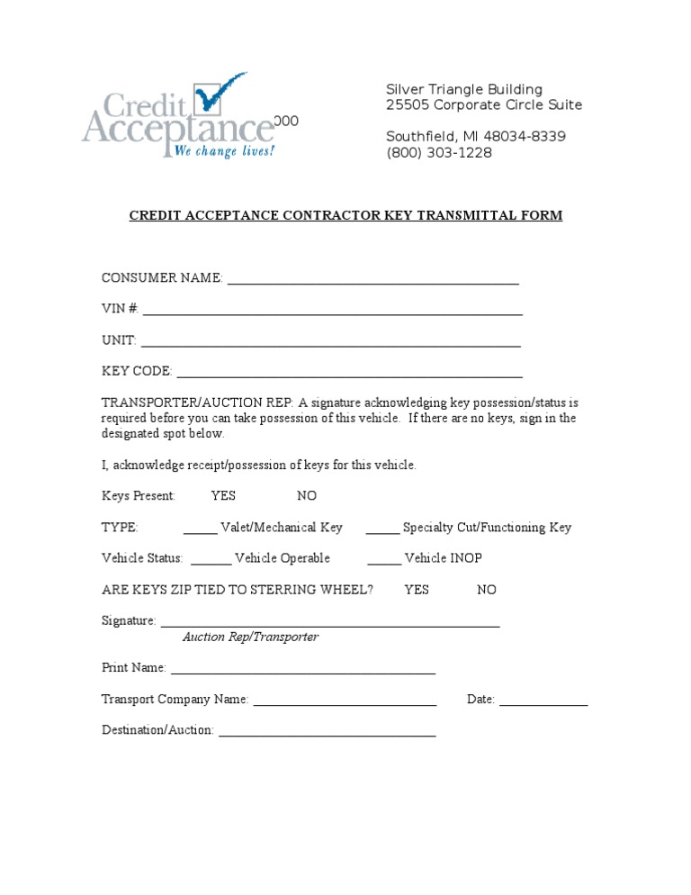 Credit Acceptance Contractor Key Form | PDF