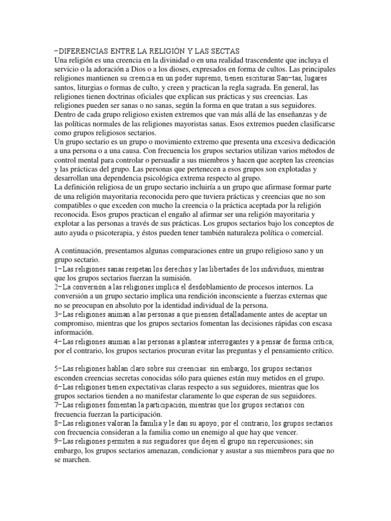 Diferencias Entre La Religión y Las Sectas PDF Secta Religión y creencia