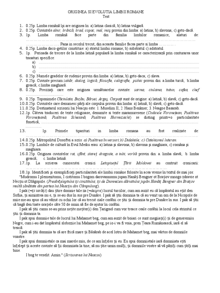 Test Originea Si Evolutia Limbii Romane