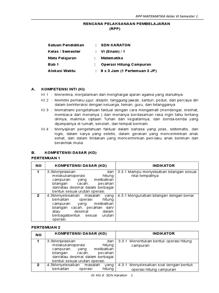 Rpp Mtk Kelas 6 Pdf