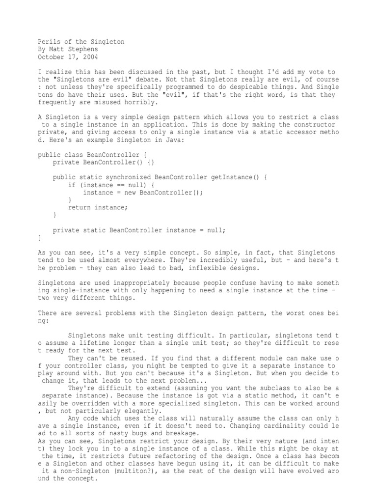 Perils of The Singleton PDF Method Programming) Unit Testing