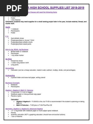 Arcola JR/SR High School Supplies List