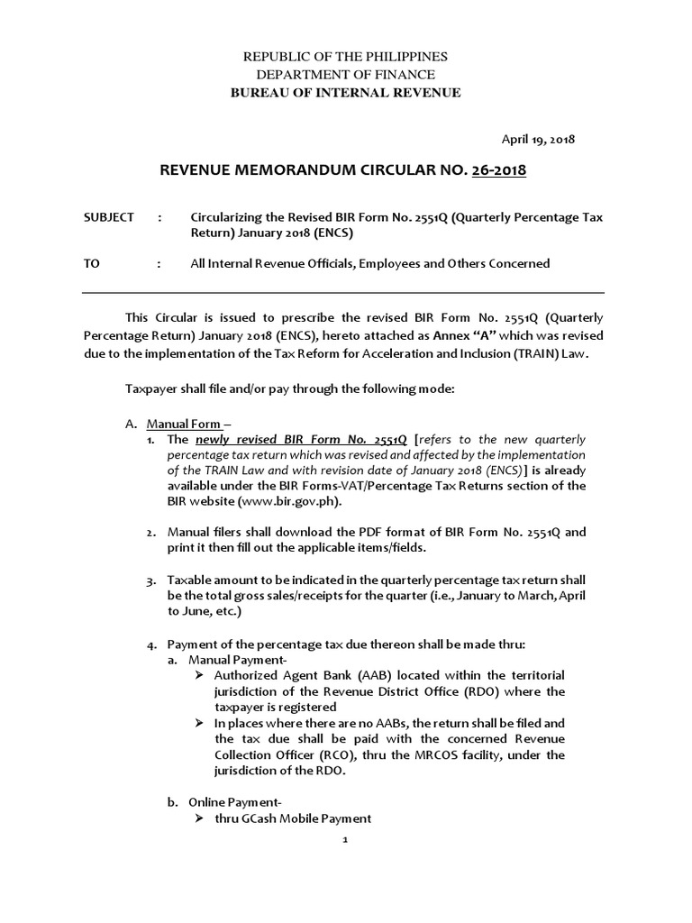 Revenue Memorandum Circular No 26 2018 Bureau Of Internal Revenue