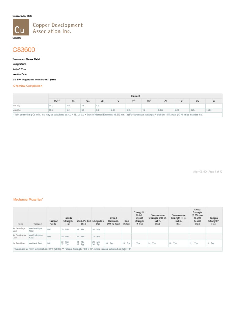 Copper Alloy C83600 PDF Casting (Metalworking) Electrical