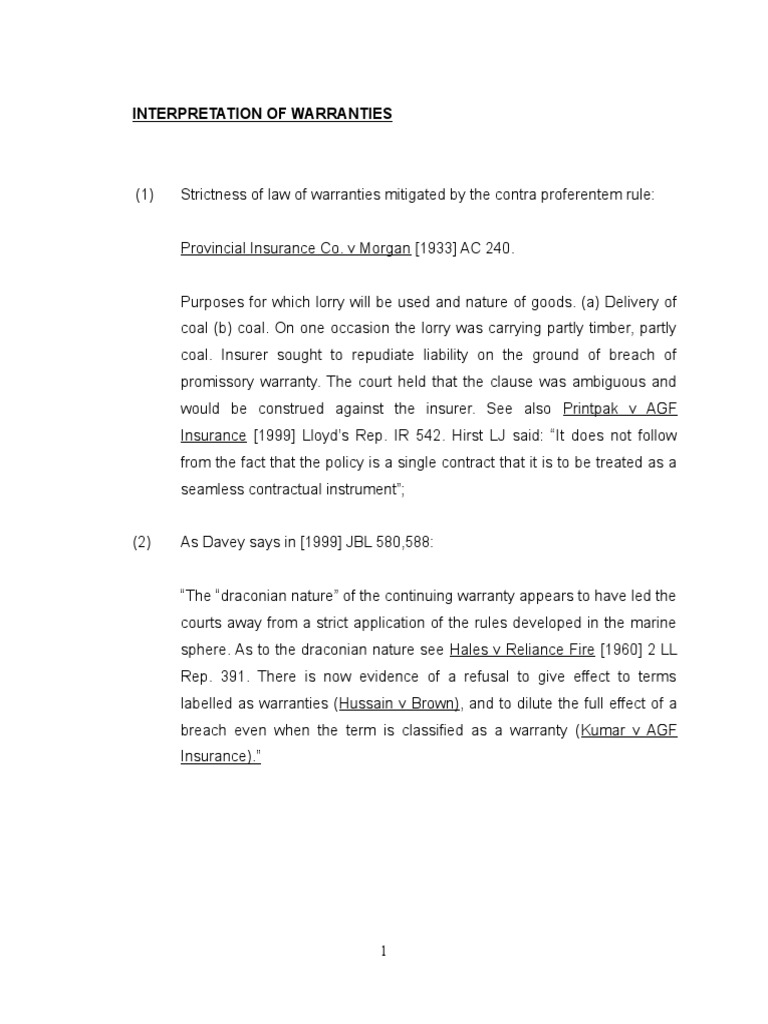Interpretation of Warranties PDF Insurance Law Of Obligations