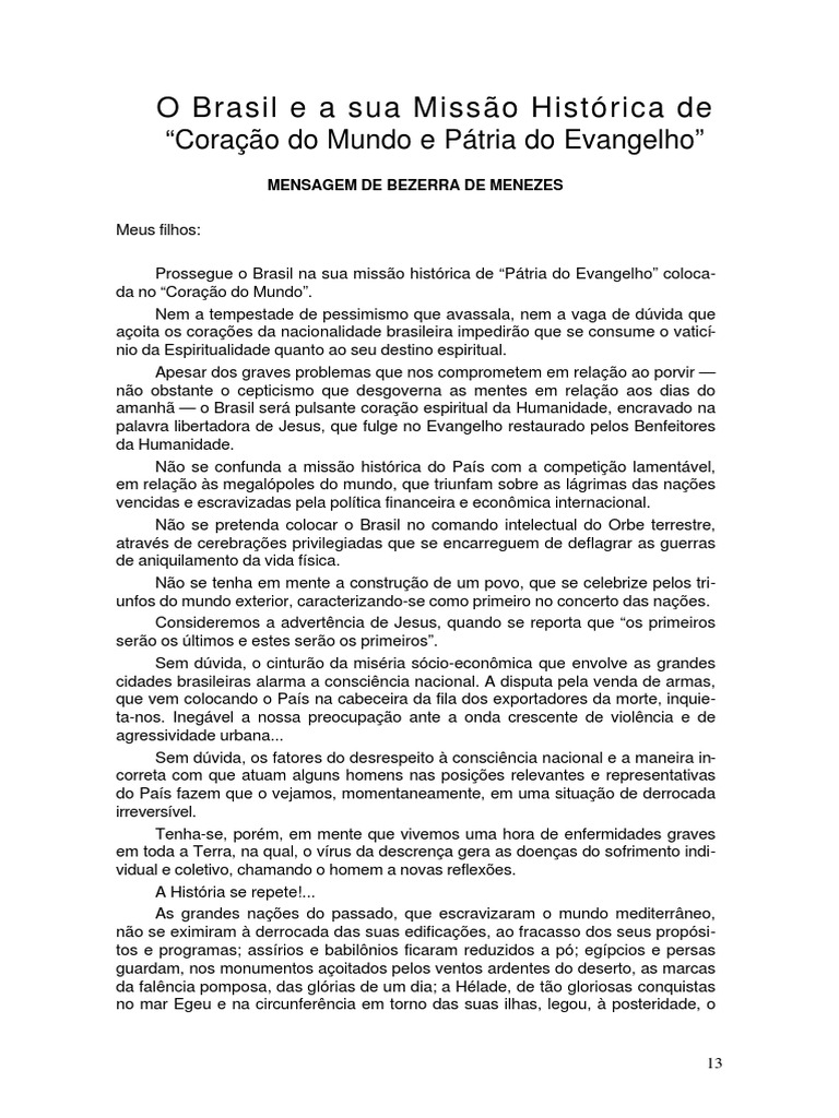 Brasil Missão Histórica Coração Mundo Pátria Evangelho - Bezerra 