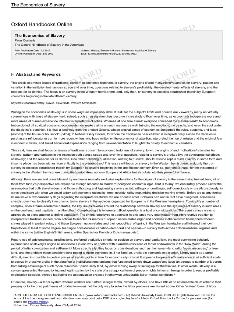 Economics of Slavery in the Americas | PDF | Slavery | Labour Economics