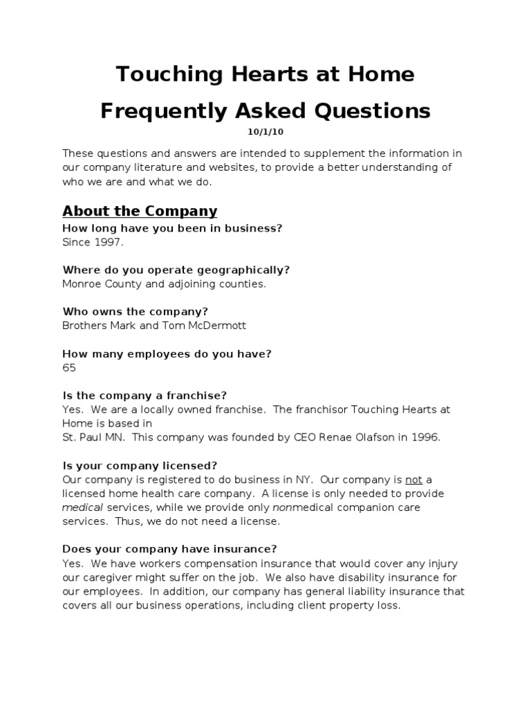 FAQ's About Touching Hearts at Home PDF Caregiver Home Care