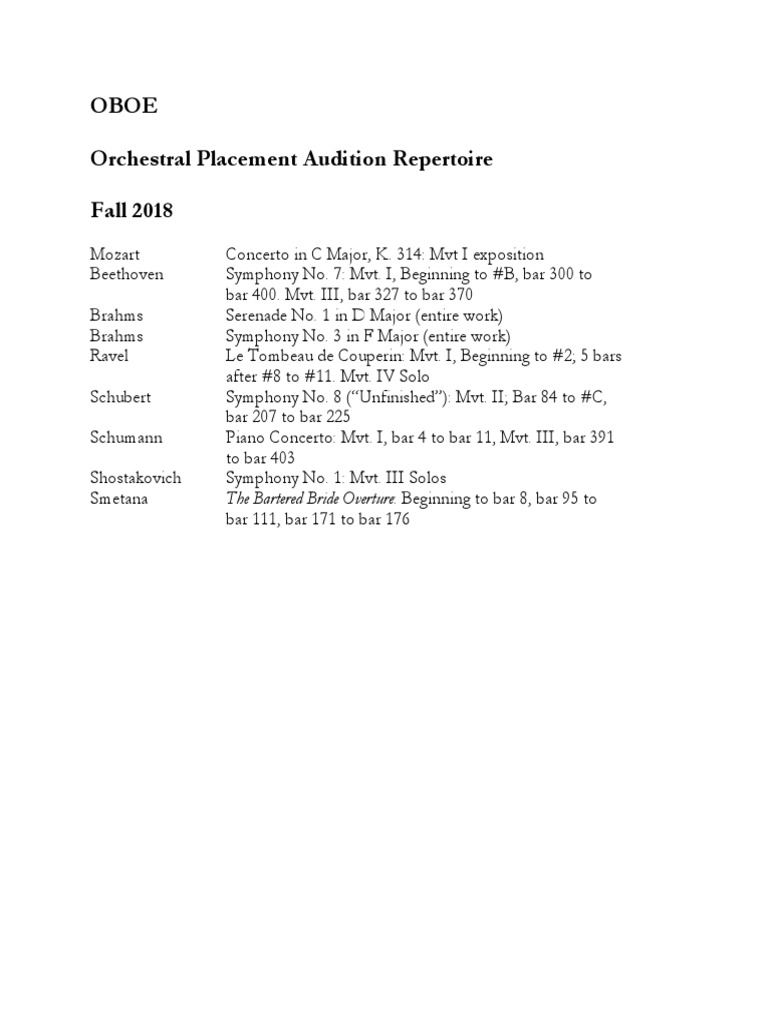 Oboe Orchestral Placement Audition Repertoire Fall 2018 PDF