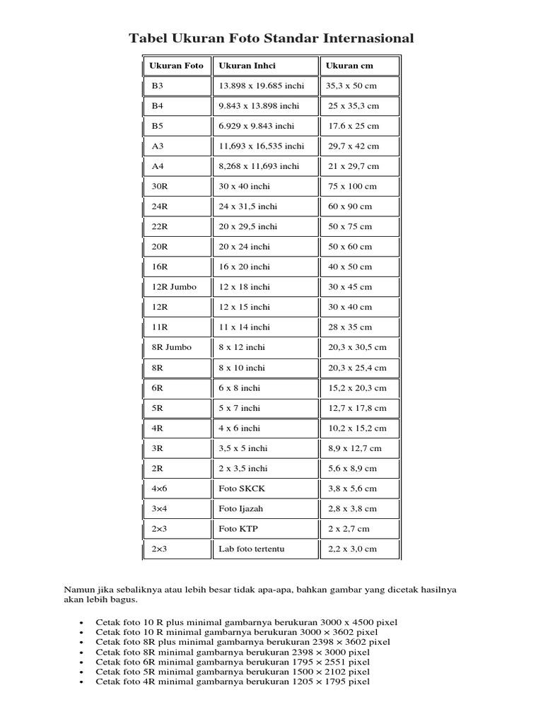 Tabel Ukuran Foto Standar Internasional