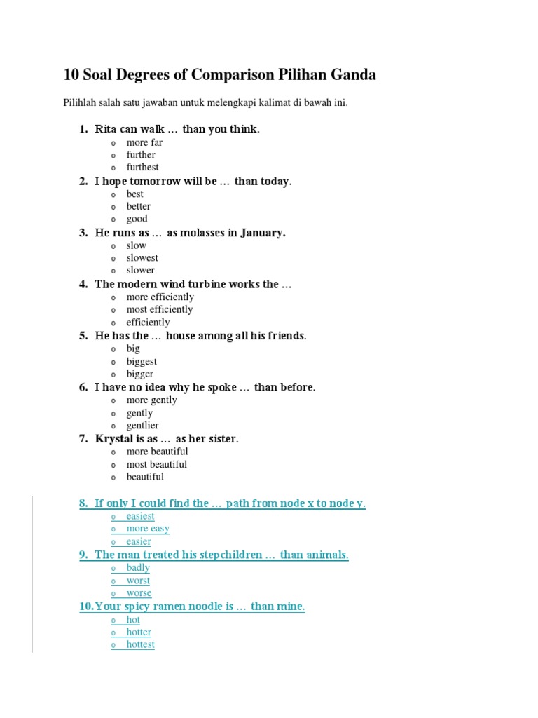 10 Soal Degrees Of Comparison Pilihan Ganda