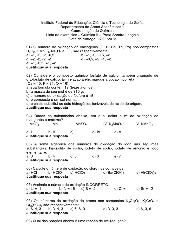 Química - Lista de Exercícios - Reações de Oxirredução | PDF | Cloro ...