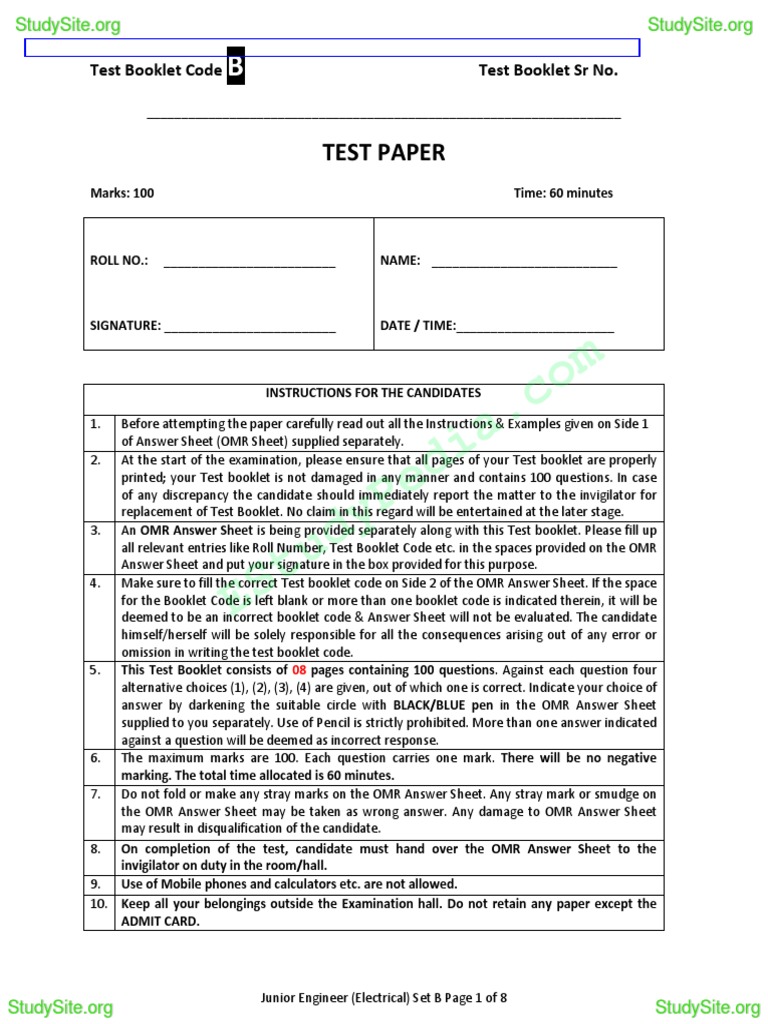 Junior Engineer Electrical Exam Set B | PDF | Transformer | Inductor