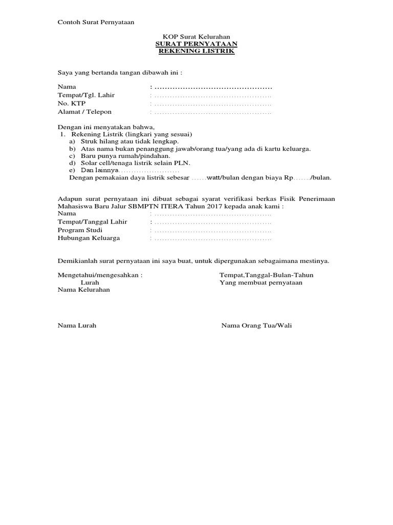Surat Pernyataan Rekening Listrik Pdf