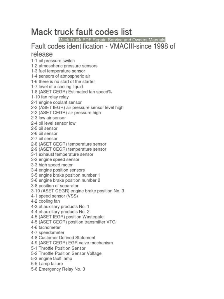 Mack Truck Fault Codes List | PDF | Fuel Injection | Throttle