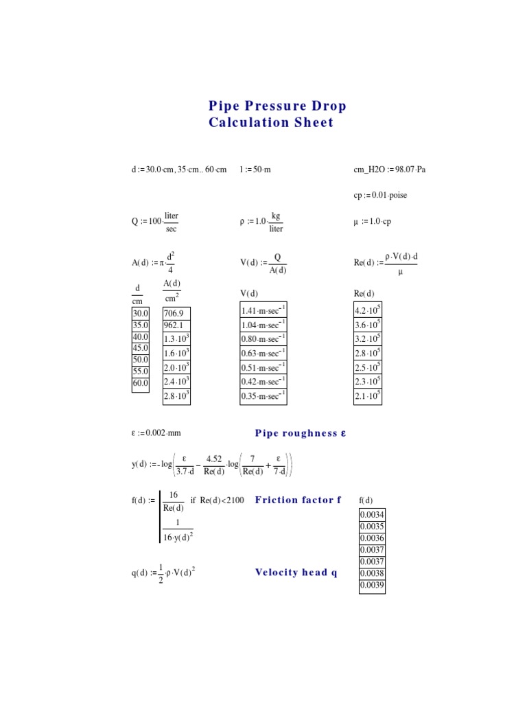 Pipe Pressure Drop Calculation Sheet PDF Continuum Mechanics Soft