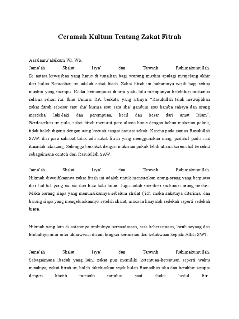 Ceramah Kultum Tentang Zakat Fitrah