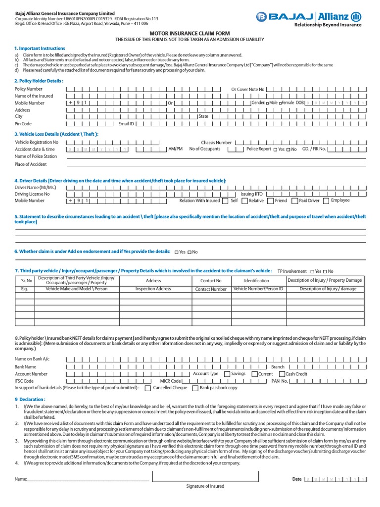 Motor Claim Form Insurance Cheque